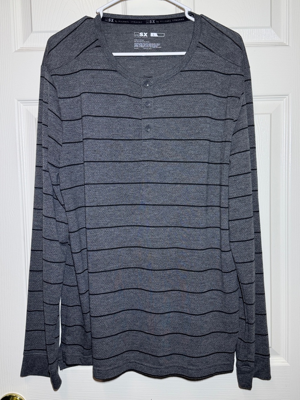 MSX by Michael Strahan Men’s Long Sleeve Henley in Charcoal and Black Stripes